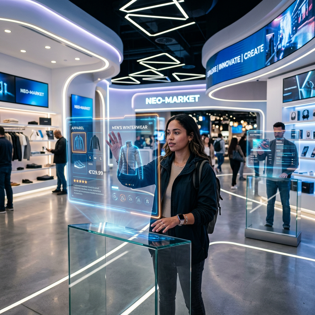 Woman selecting men's winterwear on futuristic holographic display in retail store