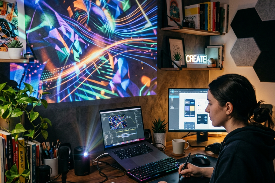 Person using a graphic tablet and computer with digital art and UI design on screens