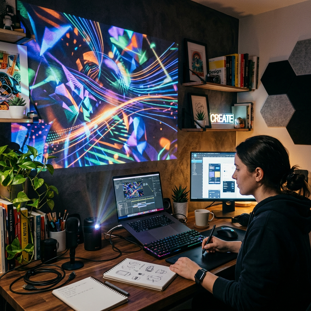 Person using a graphic tablet and computer with digital art and UI design on screens